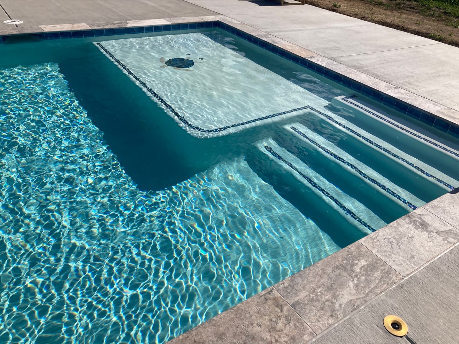 Gunite pool tanning ledge and entry steps with clear blue water